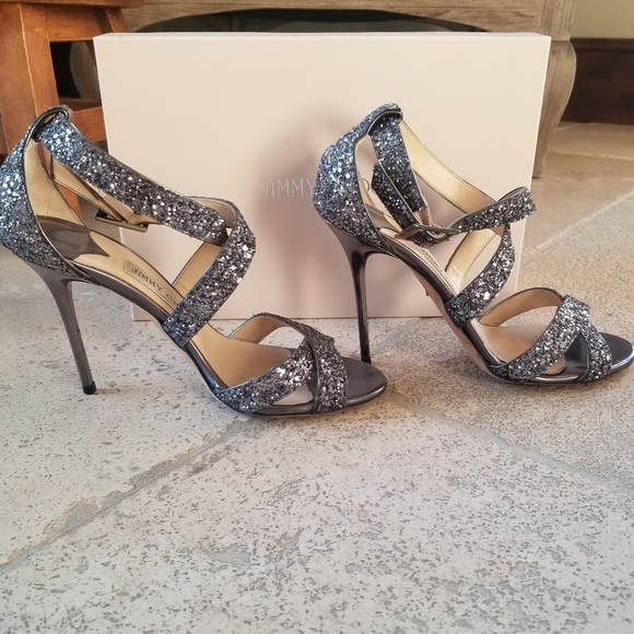 JIMMY CHOO Lottie Black Glitter Sandal High Heel Size 38 - Picture 4 of 6